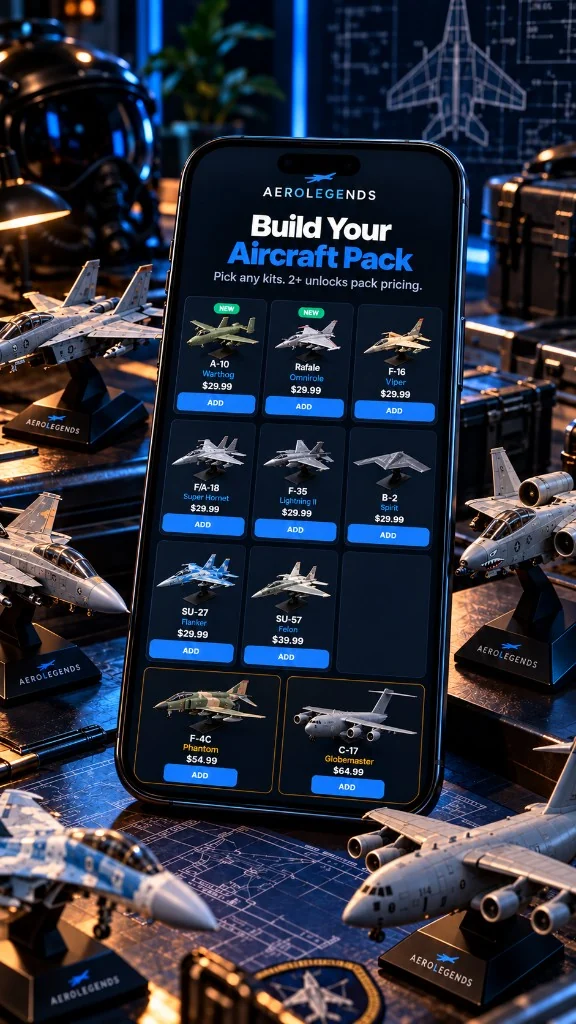 Build Your Aircraft Pack on AeroLegends, with model kits around the screen