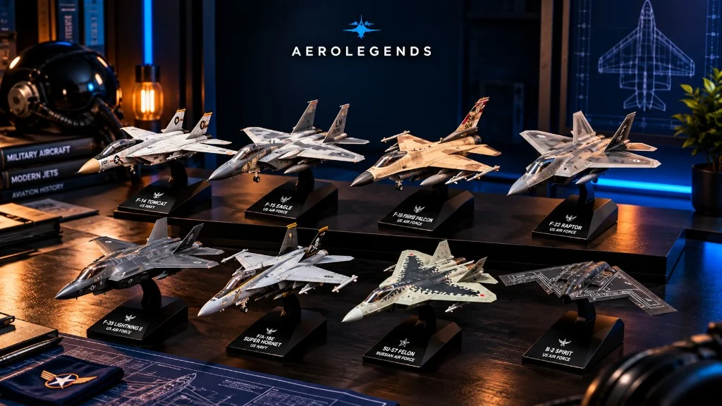 AeroLegends aircraft models displayed together on a desk