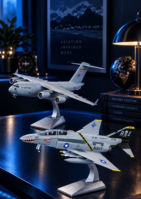 F-4C Phantom and C-17 Globemaster display models on a desk