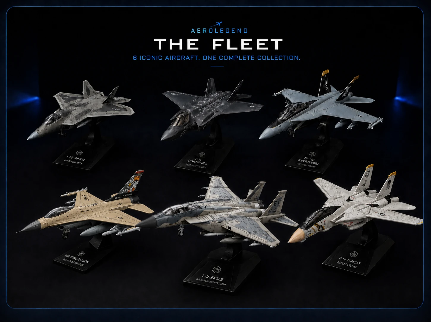 AeroLegends military aircraft model kits on display stands