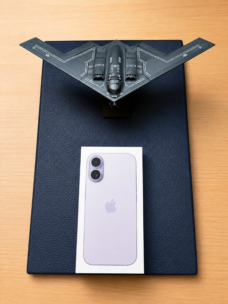 B-2 Spirit 1:72 scale model next to an iPhone box for size reference
