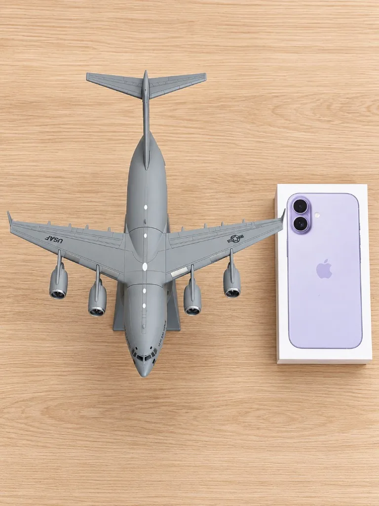 C-17 Globemaster Display 1:200 model next to an iPhone box for size reference