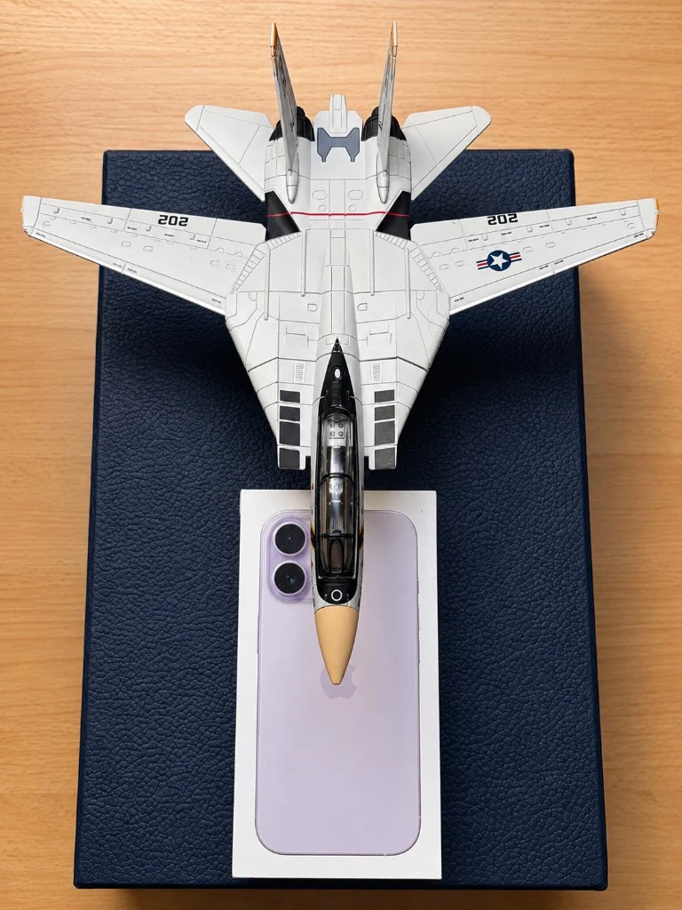 F-14 Tomcat 1:72 scale model next to an iPhone box for size reference