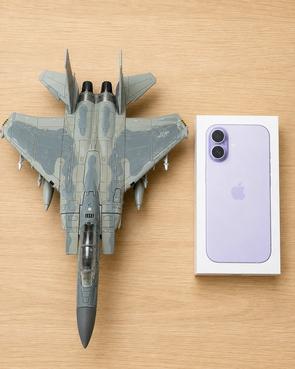F-15 Eagle 1:72 scale model next to an iPhone box for size reference