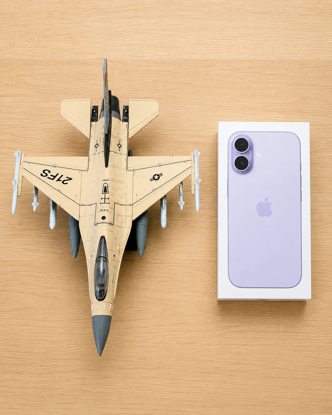 F-16 Viper 1:72 scale model next to an iPhone box for size reference