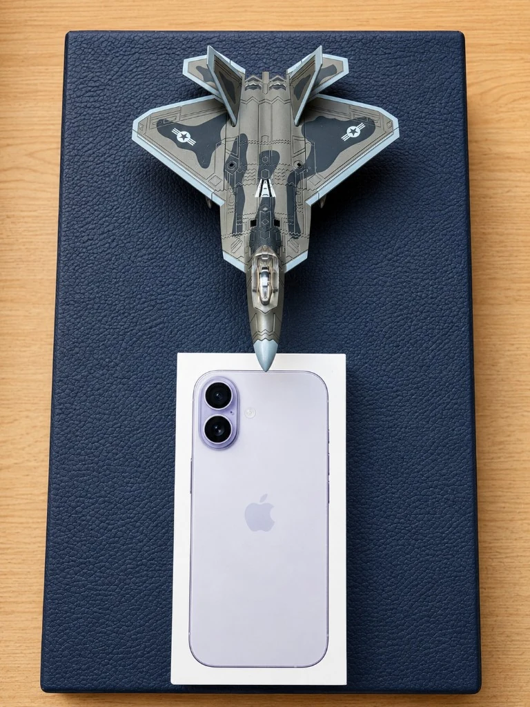 F-22 Raptor 1:72 scale model next to an iPhone box for size reference