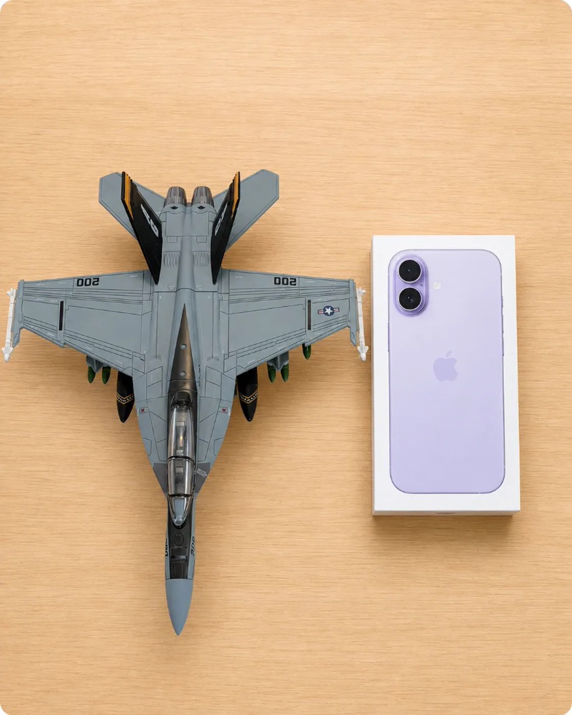 F/A-18 Super Hornet 1:72 scale model next to an iPhone box for size reference