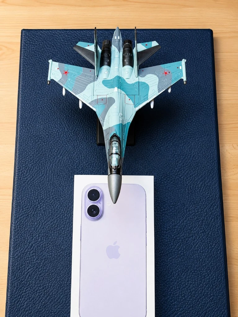 SU-35 1:72 scale model next to an iPhone box for size reference