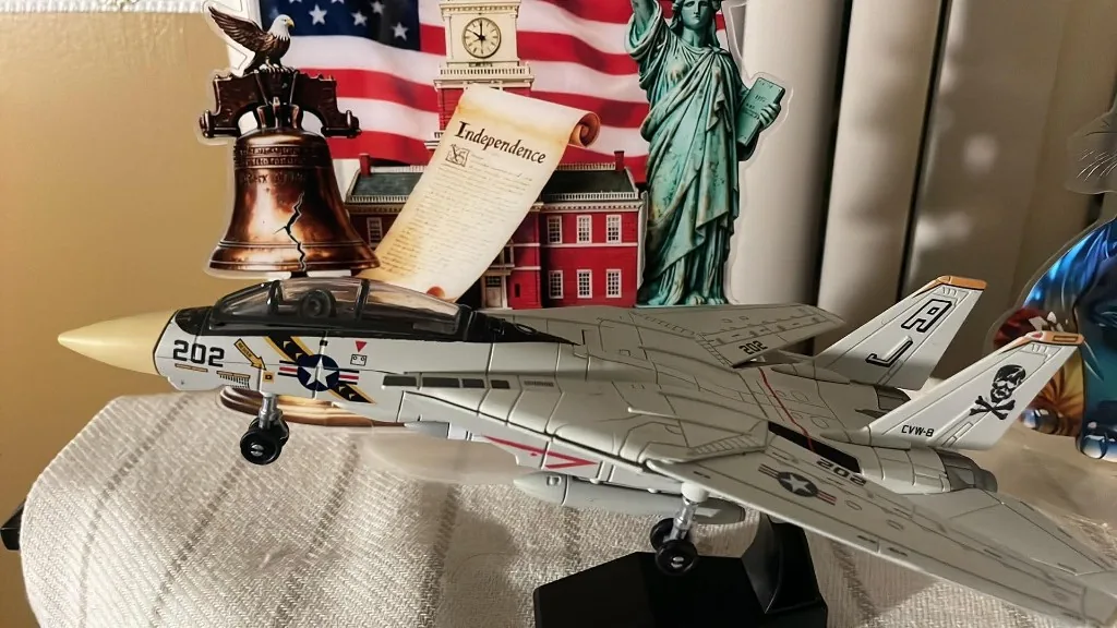 Customer photo — F-14 Tomcat 1:72 scale model on display with patriotic Independence Day backdrop