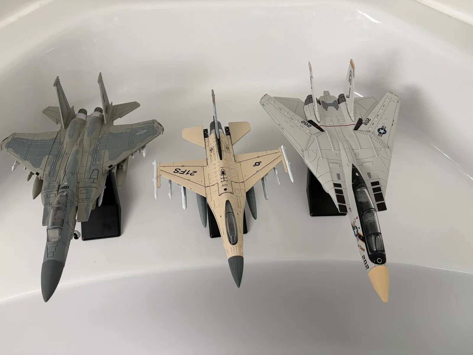 Customer photo — F-14, F-15 and F-16 AeroLegends models from the Legends pack on display stands