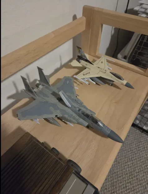 Customer photo from Raymond J. — assembled F-15 and F-16 AeroLegends model jets on a wooden shelf