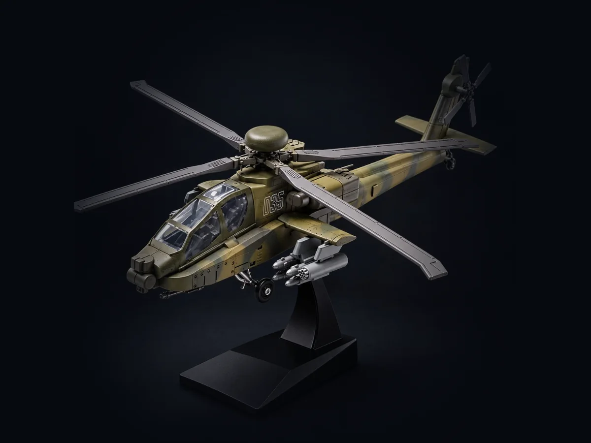AH-64 Apache snap-fit model kit on its stand