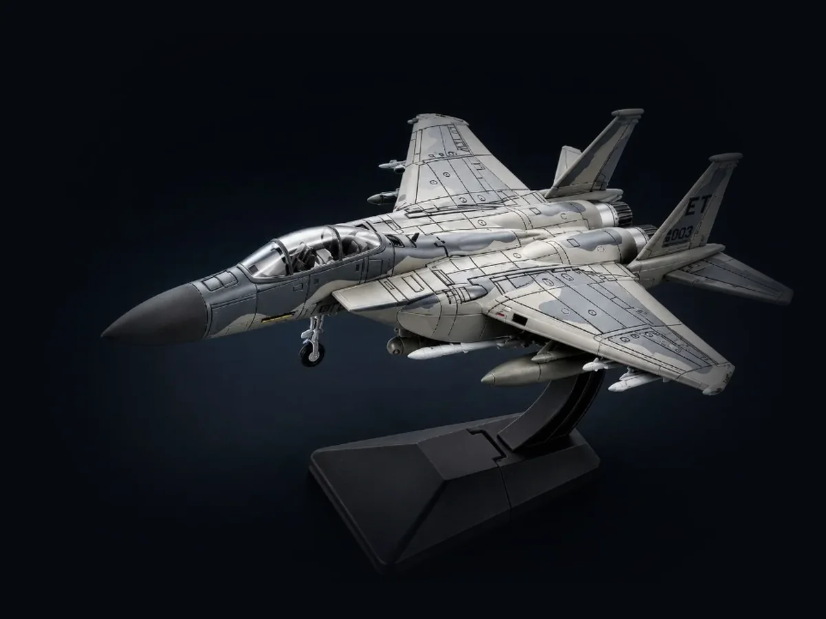 F-15 Eagle snap-fit model kit on its stand