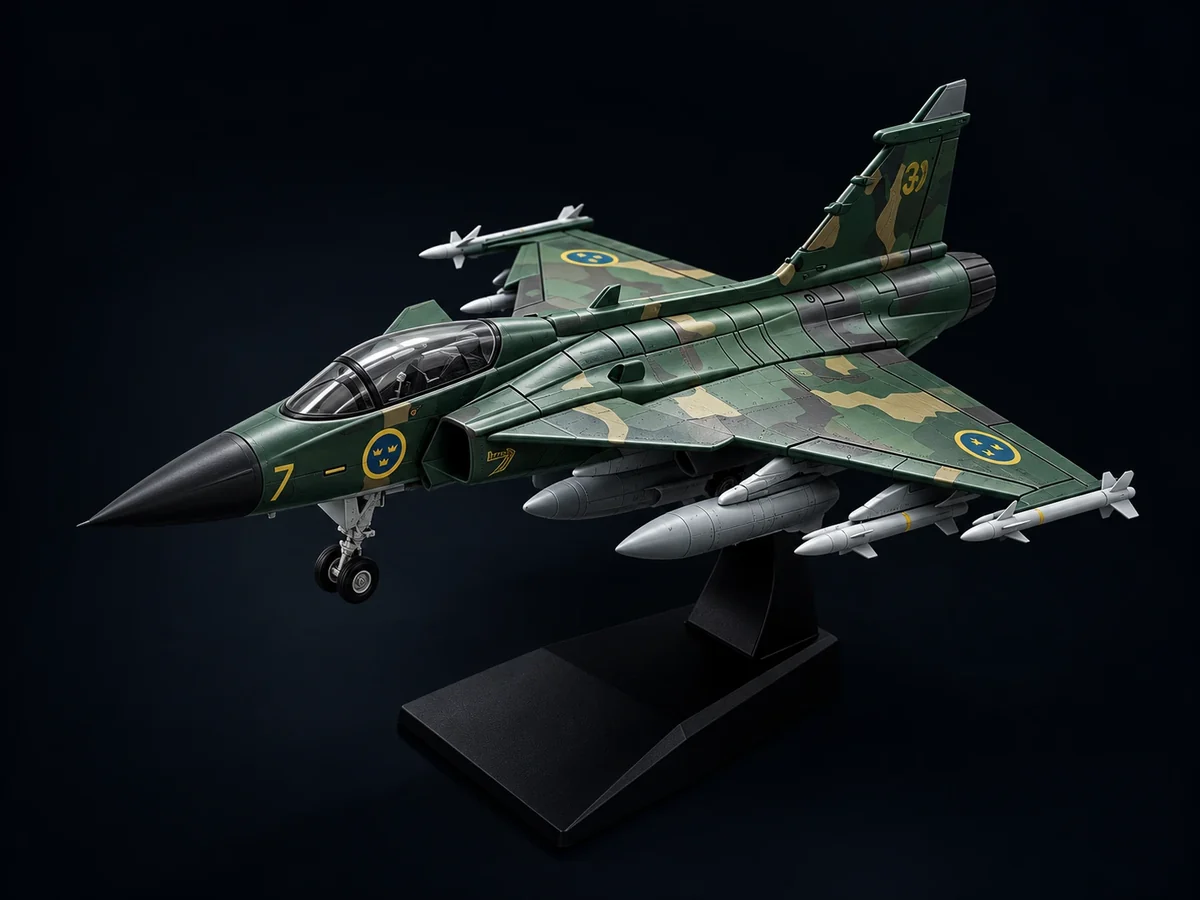 JAS 39 Gripen snap-fit model kit on its stand