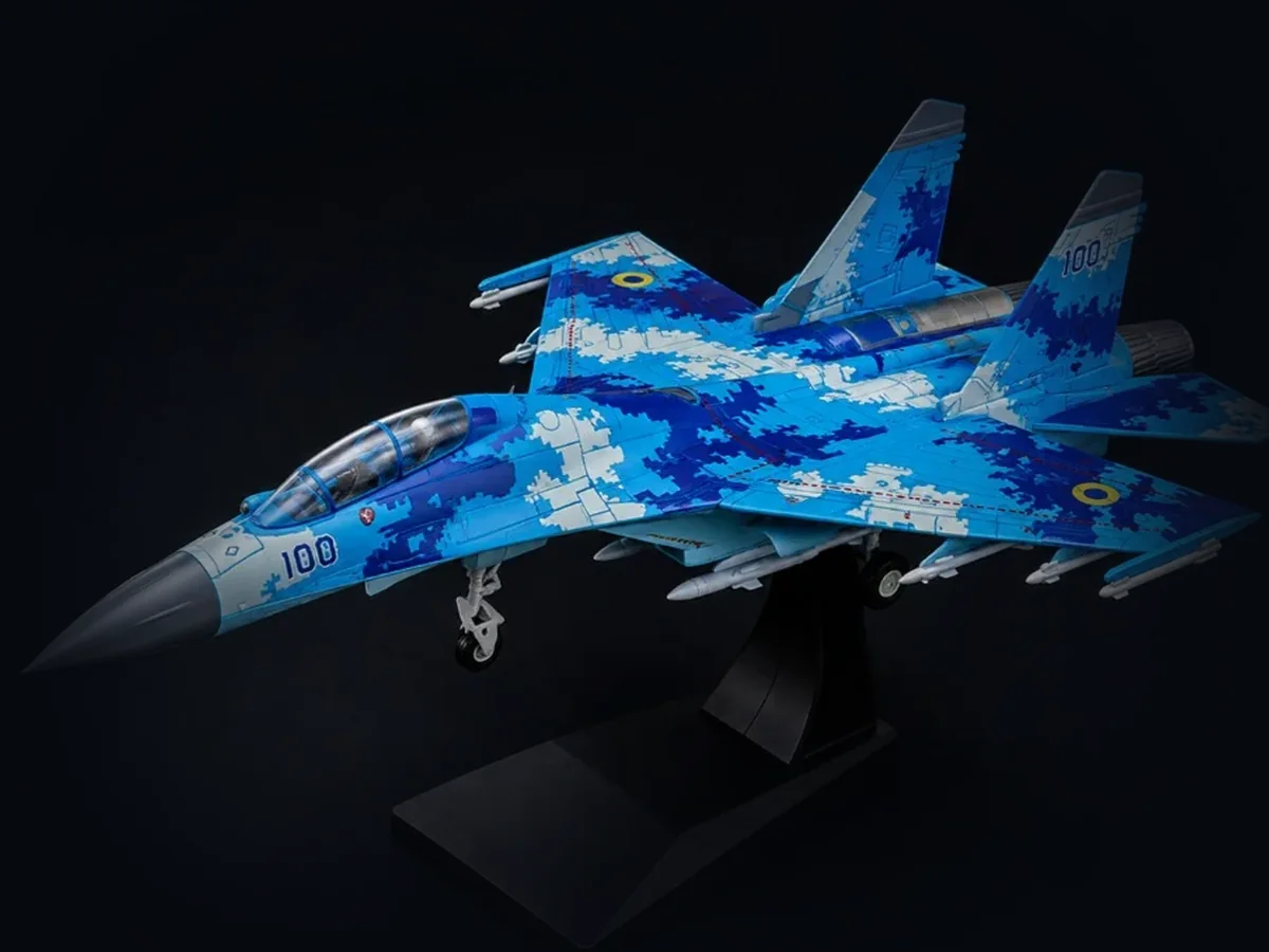 SU-27 Flanker snap-fit model kit on its display stand