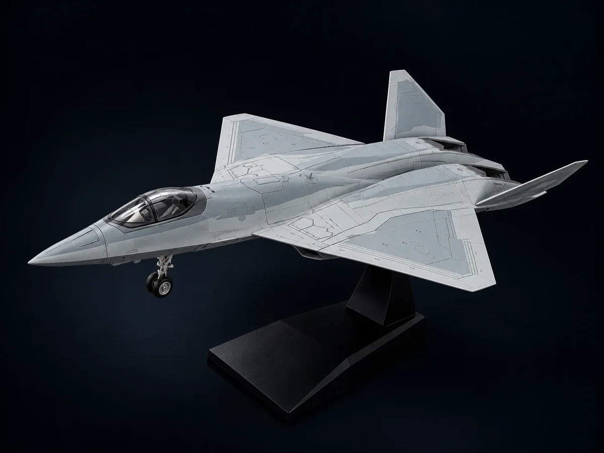 YF-23 Black Widow II snap-fit model kit on its stand