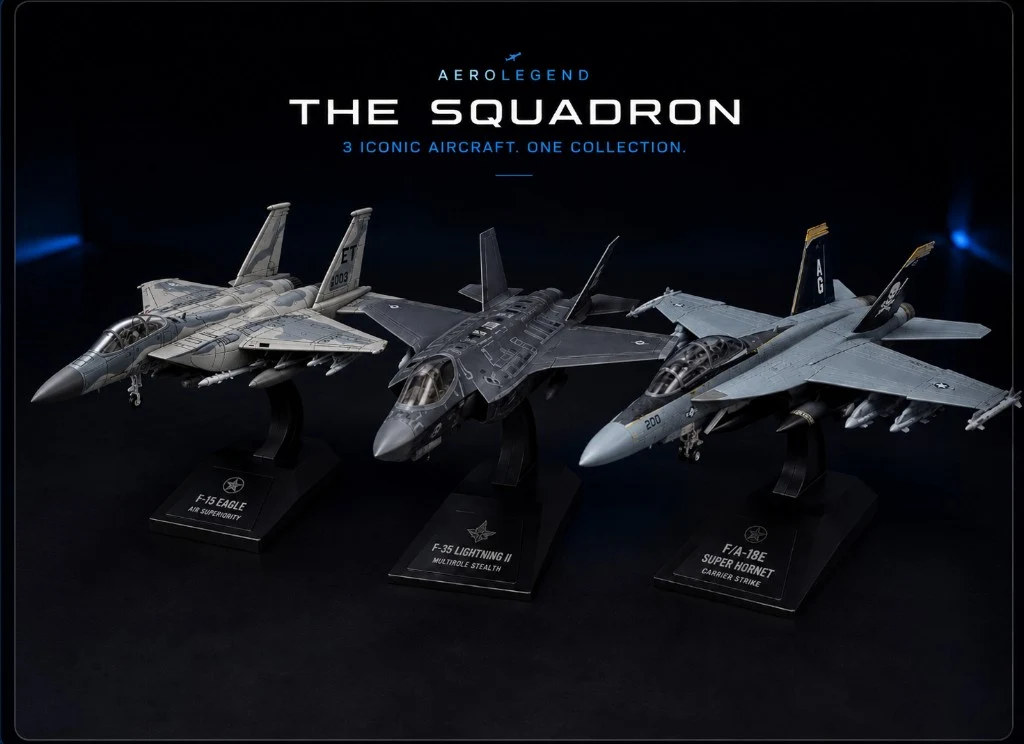 AeroLegends The Squadron — F-15, F-35 and F/A-18 1:72 scale snap-fit model kit collection on display stands